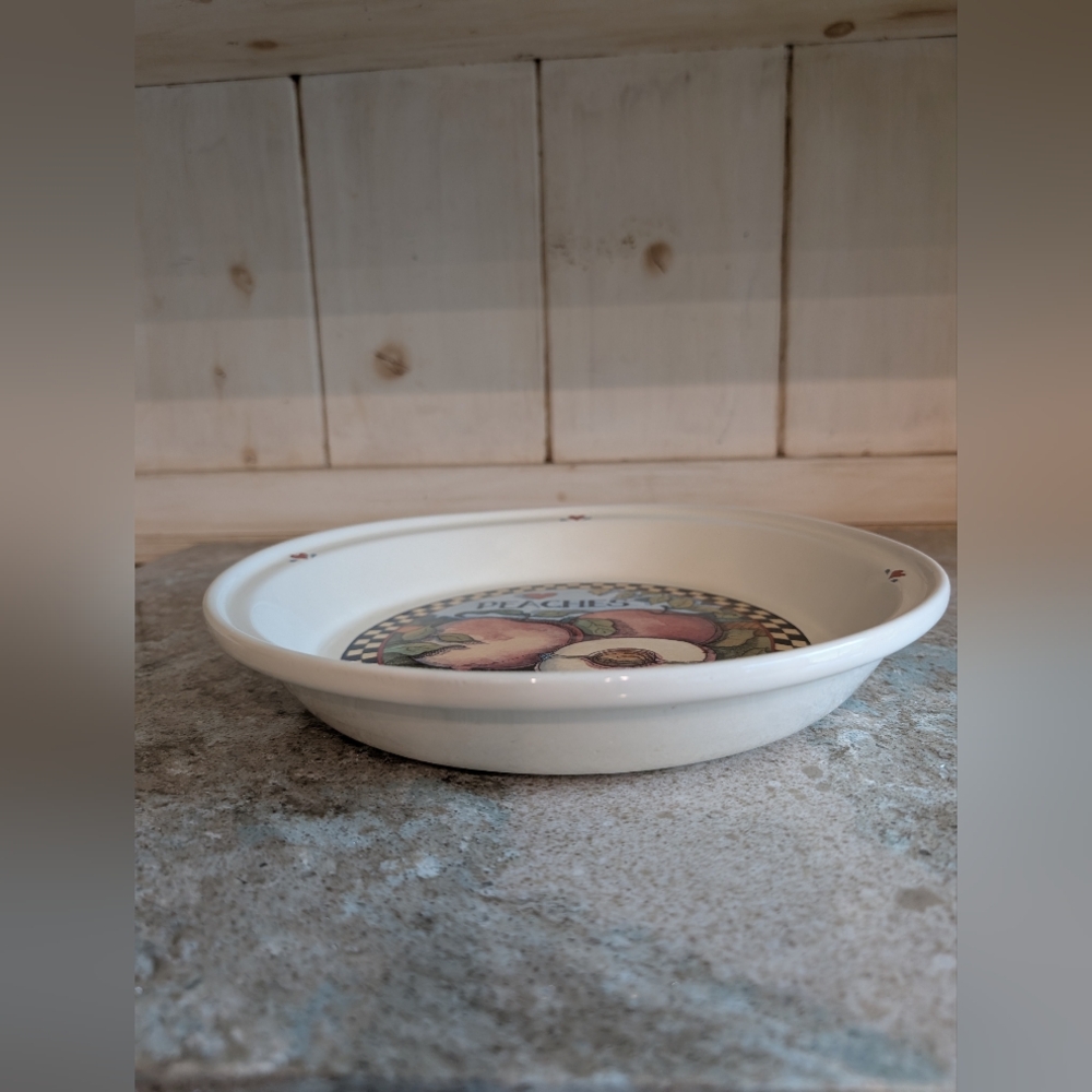 Vintage Susan Winget Ceramic Pie Pan Dish Baker "PEACHES" 11 in Dia. Farmhouse - Picture 4 of 7